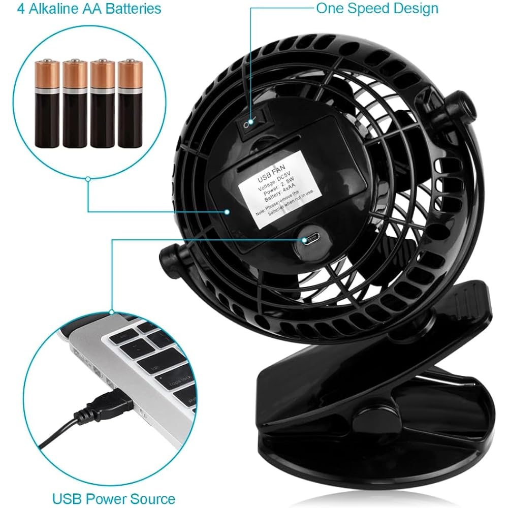 Gazeled Clip On Fan Battery Operated, 360° Rotation, With 8 Free Aa Batteries, Quiet Usb Or Battery Operated Fan, 5'' Portable Battery Powered Clip On Fans For Camping, Stroller, Bedroom, Outdoor