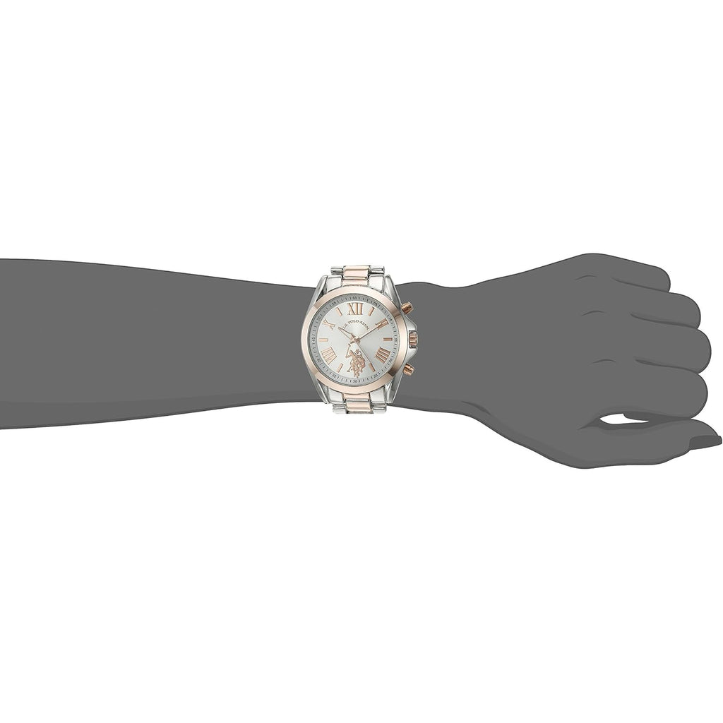 U.S. Polo Assn. Women'S Two-Tone Analog Watch – Silver Dial With Rose Gold Accents, 41Mm Metal Case, And Alloy Link Bracelet – Elegant Quartz Timepiece For Everyday Style