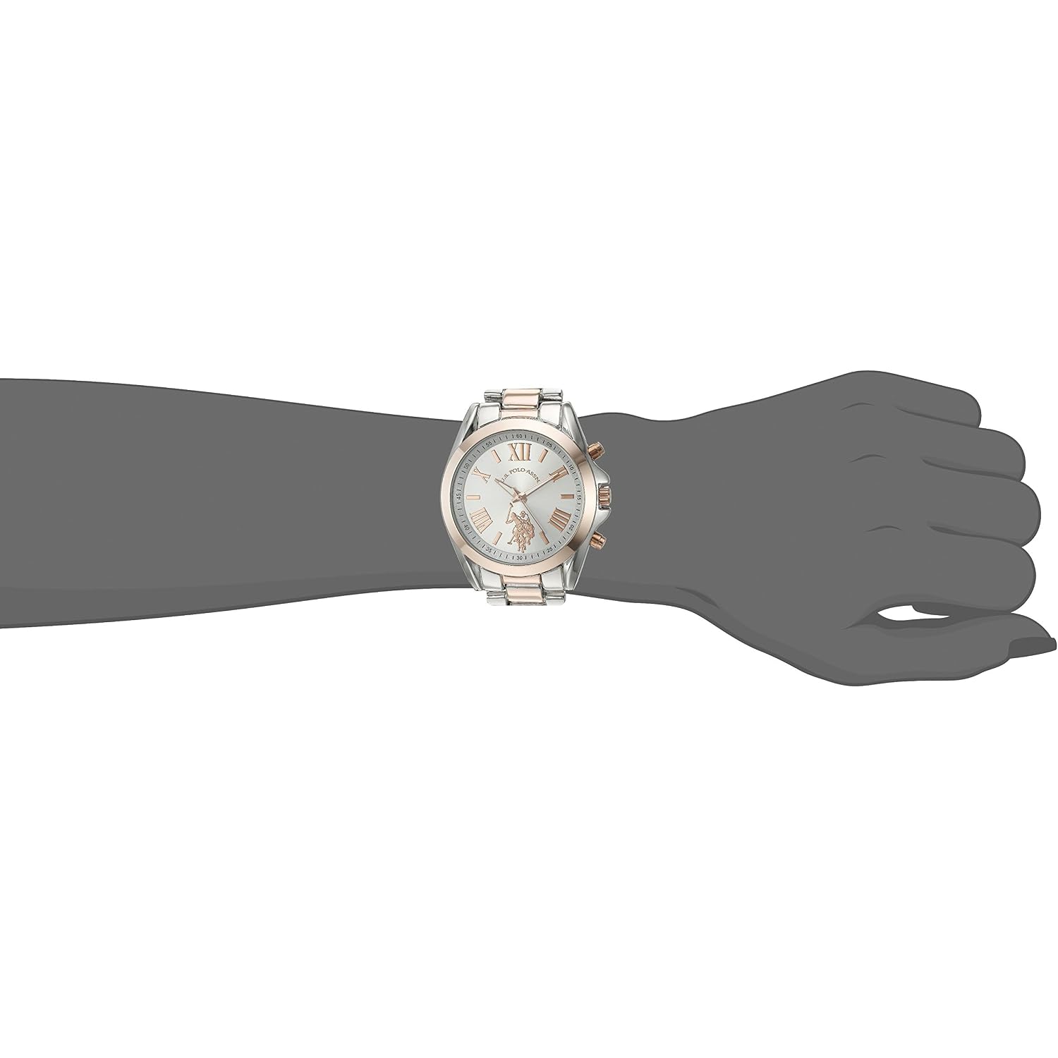 U.S. Polo Assn. Women'S Two-Tone Analog Watch – Silver Dial With Rose Gold Accents, 41Mm Metal Case, And Alloy Link Bracelet – Elegant Quartz Timepiece For Everyday Style