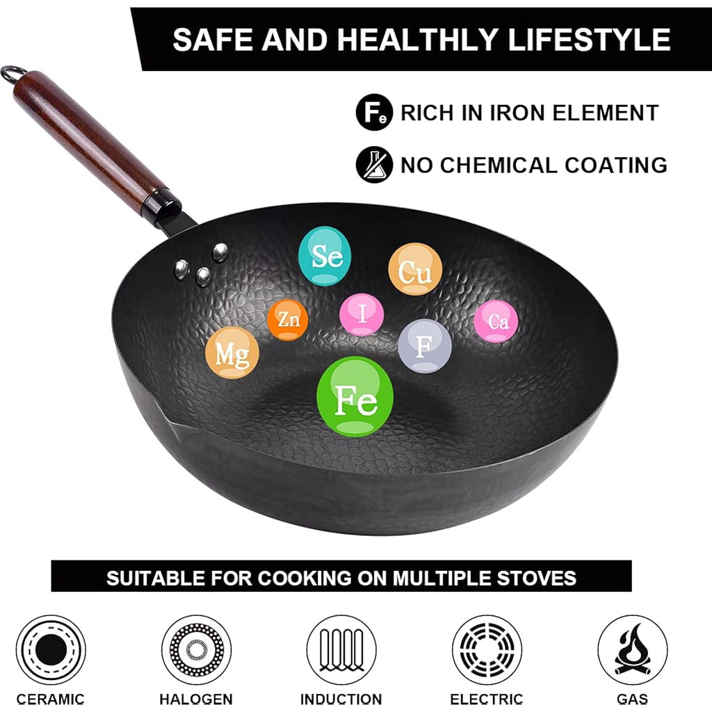 Leidawn 12.8" Carbon Steel Wok-11Pcs Woks & Stir Fry Pans Wok Pan with Lid, No Chemical Coated Chinese Woks with 10 Cookware Accessories, Flat Bottom Wok for Electric, Induction,Gas Stoves