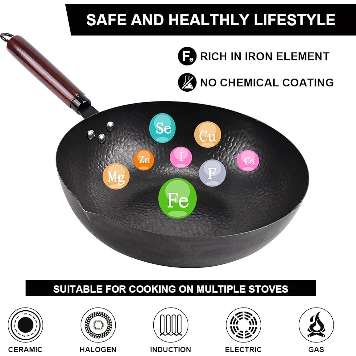 Leidawn 12.8" Carbon Steel Wok-11Pcs Woks & Stir Fry Pans Wok Pan with Lid, No Chemical Coated Chinese Woks with 10 Cookware Accessories, Flat Bottom Wok for Electric, Induction,Gas Stoves