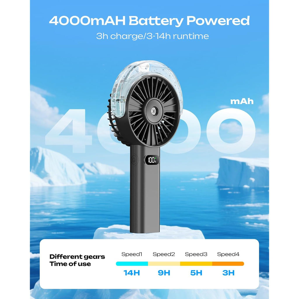 Otlonpe Handheld Misting Fan Portable, 4000Mah Rechargeable Battery Powered, Small Personal Mister Fan With Water Spray Cooling, 4-Speed Wind, Led Display, Hand Held Mist Fans For Travel Outdoor Beach