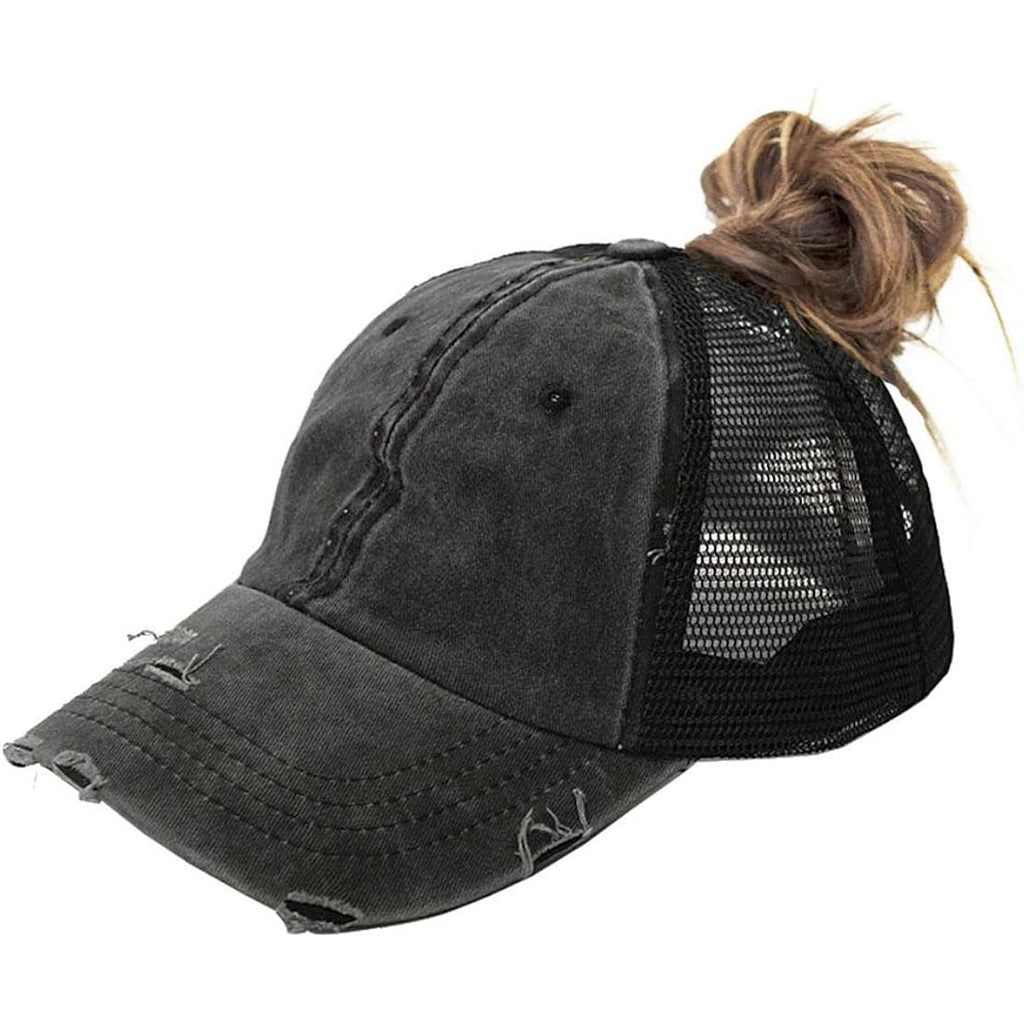 Distressed Ponytail Hats Baseball For Women Messy-Bun Pony Caps