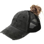 Distressed Ponytail Hats Baseball For Women Messy-Bun Pony Caps