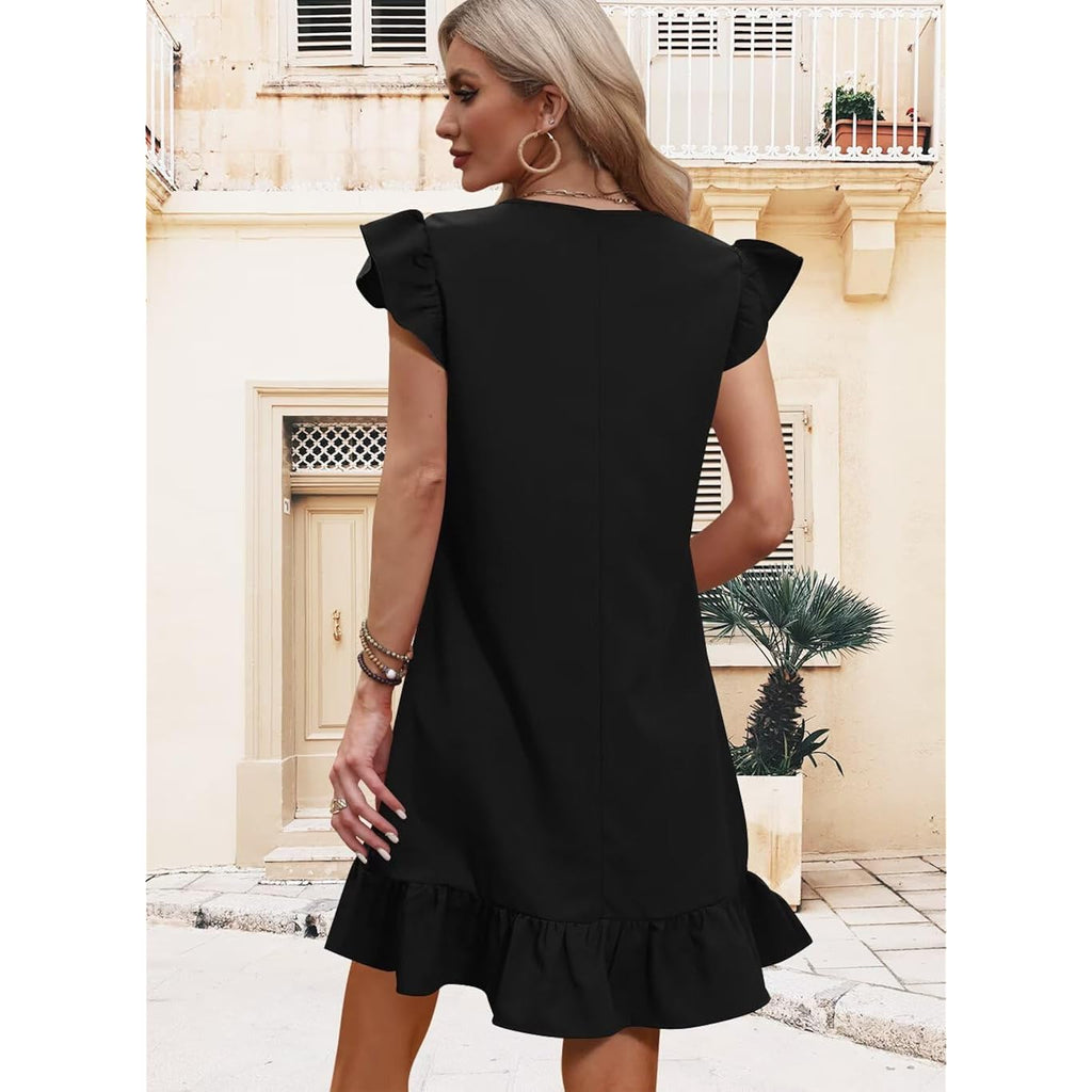 Qacohu Spring Summer Dresses For Women 2026 V Neck Cap Sleeve Ruffle Hem Smock Short Casual Beach Dress
