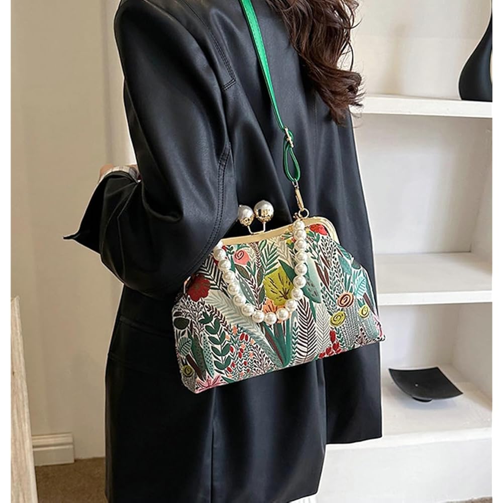Vintage Embroidered Flower Handbag Retro Pearl Chain Crossbody Bag Clutch Kiss Lock Top Handle Shoulder Purse Wallet 2026