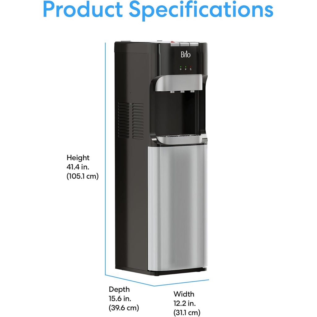 Brio Bottom Loading Water Cooler Dispenser for 5 Gallon Bottles - 3 Temperatures with Hot, Room & Cold Spouts, Child Safety Lock, LED Display with Empty Bottle Alert, Stainless Steel