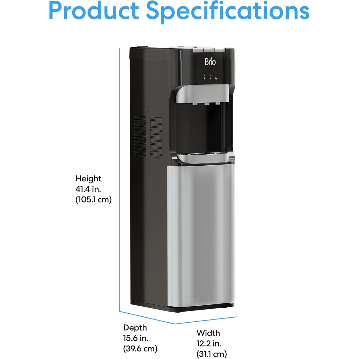 Brio Bottom Loading Water Cooler Dispenser for 5 Gallon Bottles - 3 Temperatures with Hot, Room & Cold Spouts, Child Safety Lock, LED Display with Empty Bottle Alert, Stainless Steel