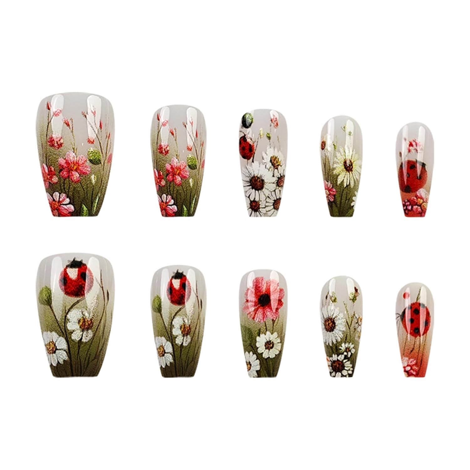 Spring Press on Nails Square Medium Length Fake Nails Daisy Flowers Acrylic Nails Green Leaf Floral False Nails Gradient Coffin Artificial Nails Glossy Glue on Nails for Women Nails Decoration 24Pcs