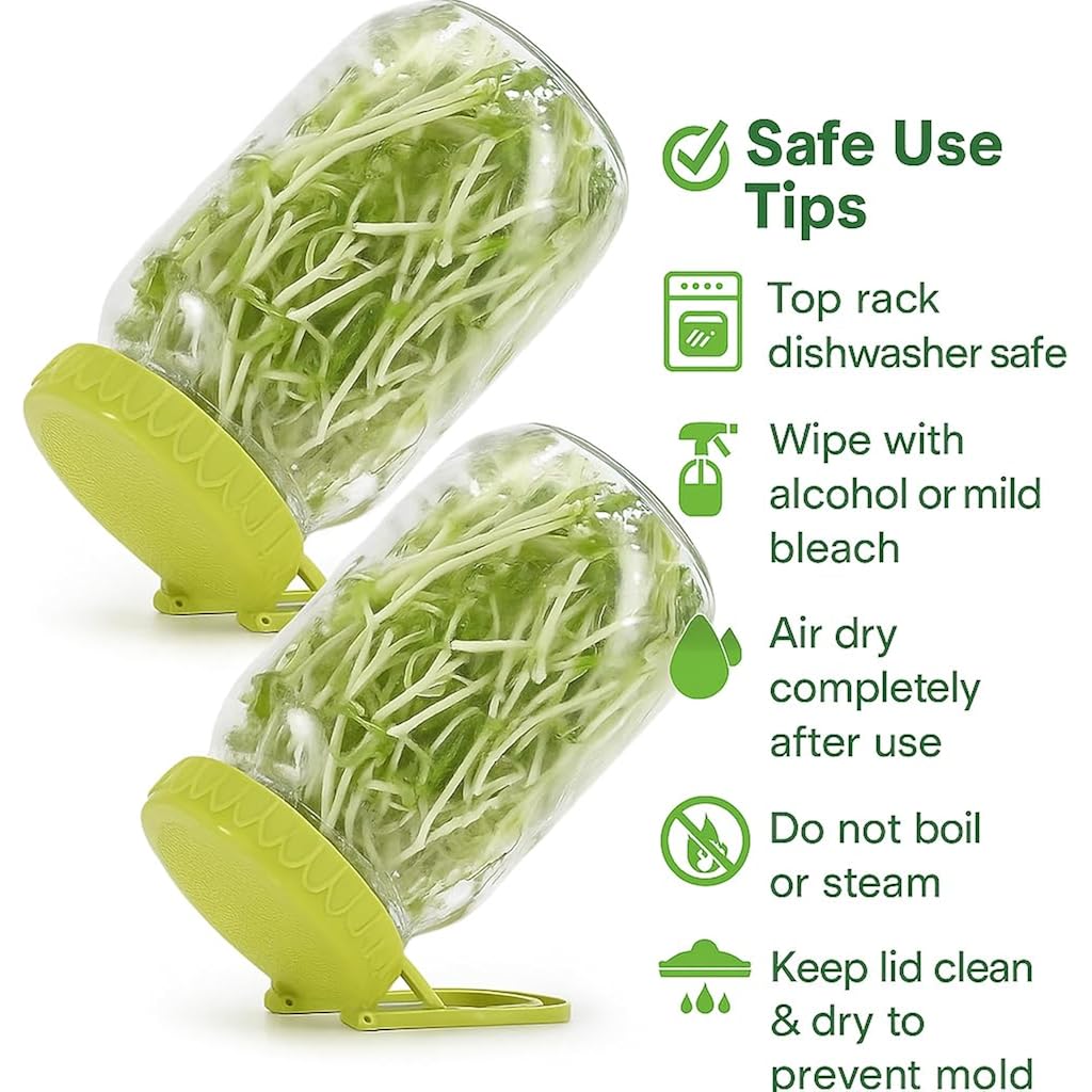 Happyiren Sprouting Kit for Wide Mouth Mason Jars, 2-Pack BPA-Free One-Piece Sprouting Lids with Built-In Stand, Seed Germination Jar Sprouter Lid, Fits Wide Mouth Jars (3.38"/86mm)