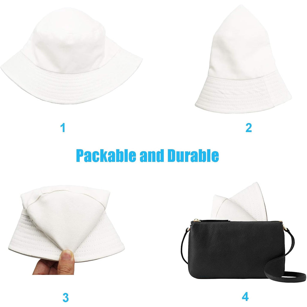 Bucket Hat for Women Men, Reversible Cotton Summer Sun Beach Cap Solid Color Style White