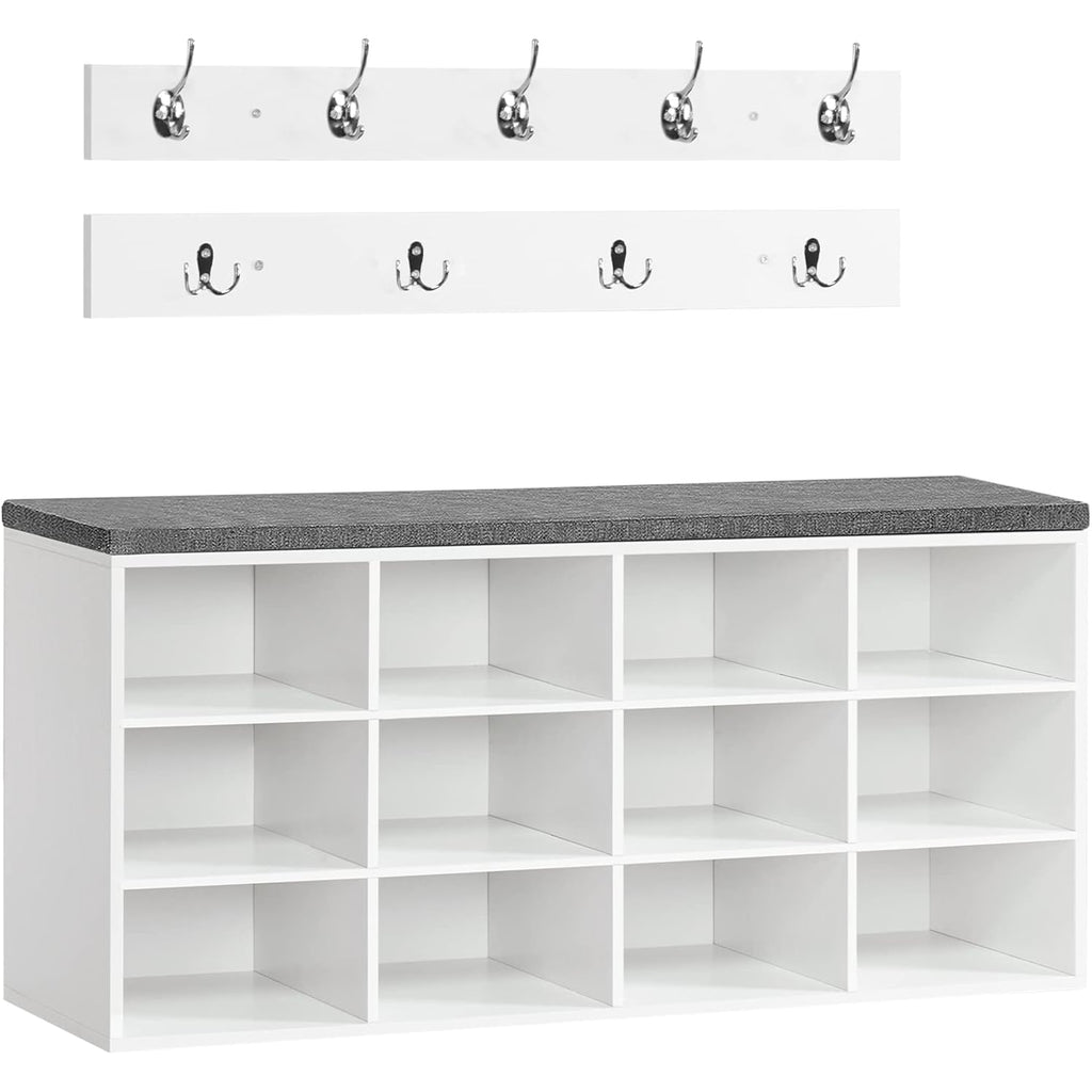 HOOBRO Shoe Storage Bench with Cushion, 39.4" L Entryway Bench with 12 Cubbies, Entryway Hall Tree with Storage, Cubby Shoe Rack Bench with Coat Rack for Hallway, Holds up to 330 lb, White WT112HX01