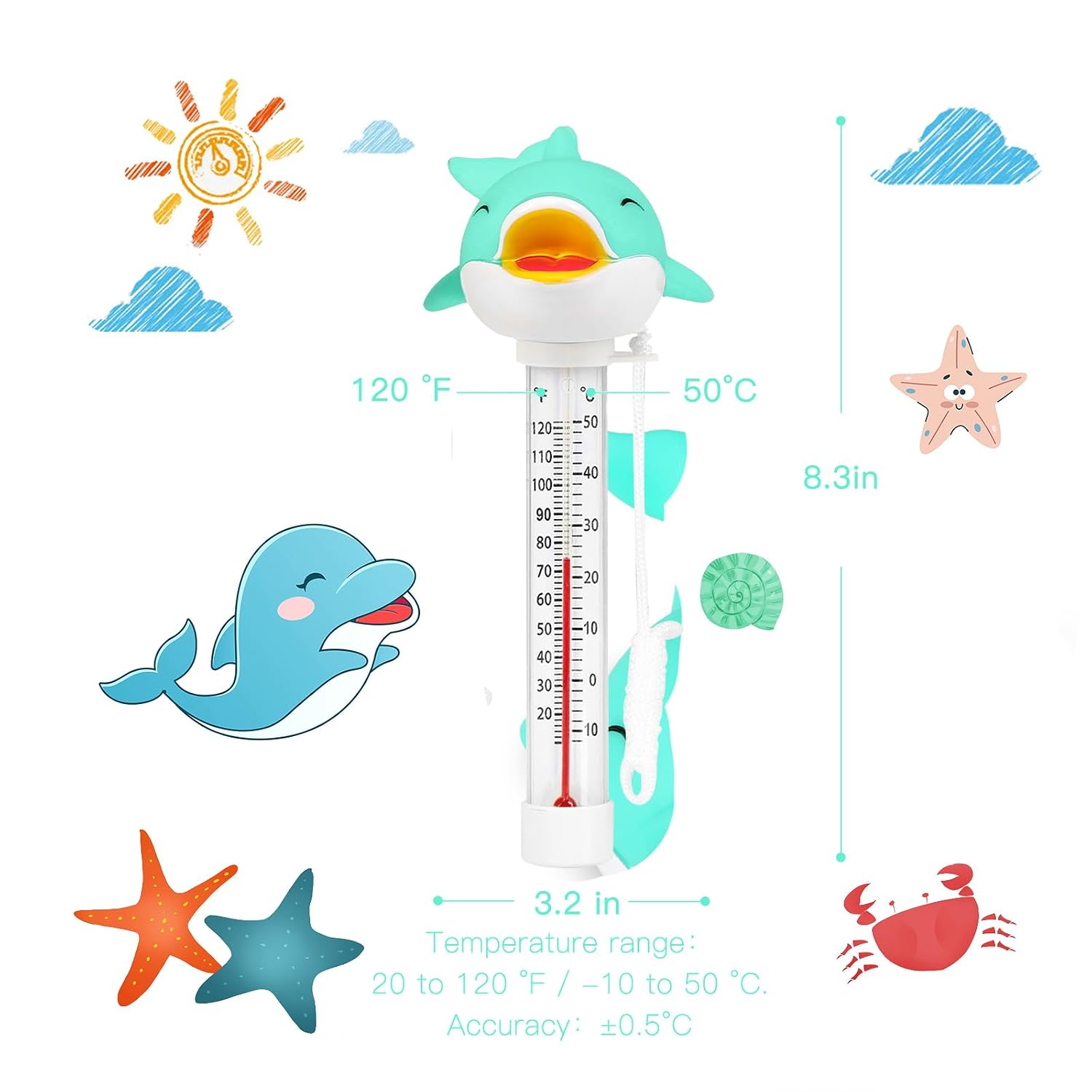 Xy-Wq Floating Pool Thermometer, Large Size Easy Read For Water Temperature With String - Swimming Pool, Spas, Hot Tubs, Ponds (Dolphin)