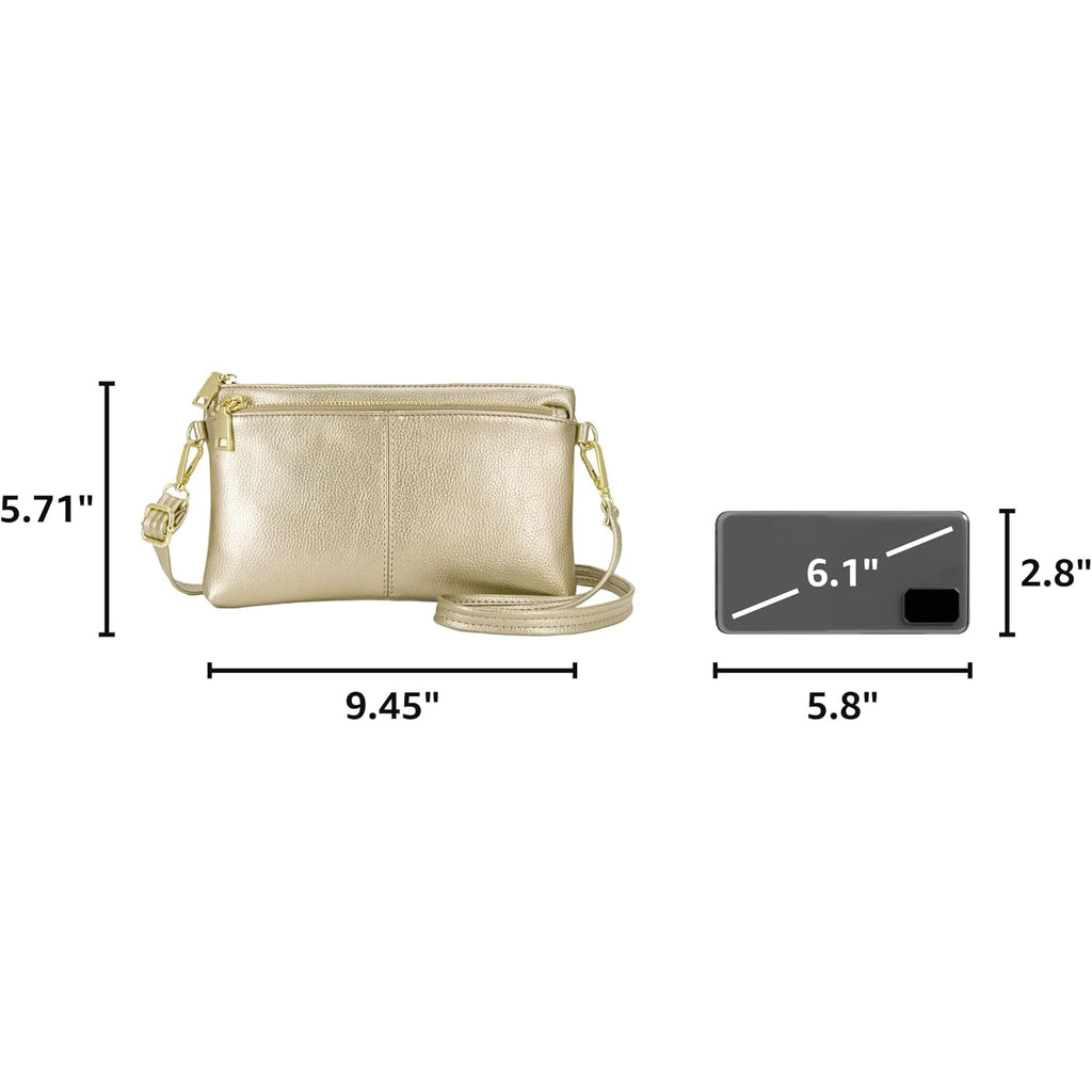 Triple Zip Small Crossbody Bag Lightweight Purses Vegan Leather Wristlet Clutch, Includes Adjustable Shoulder