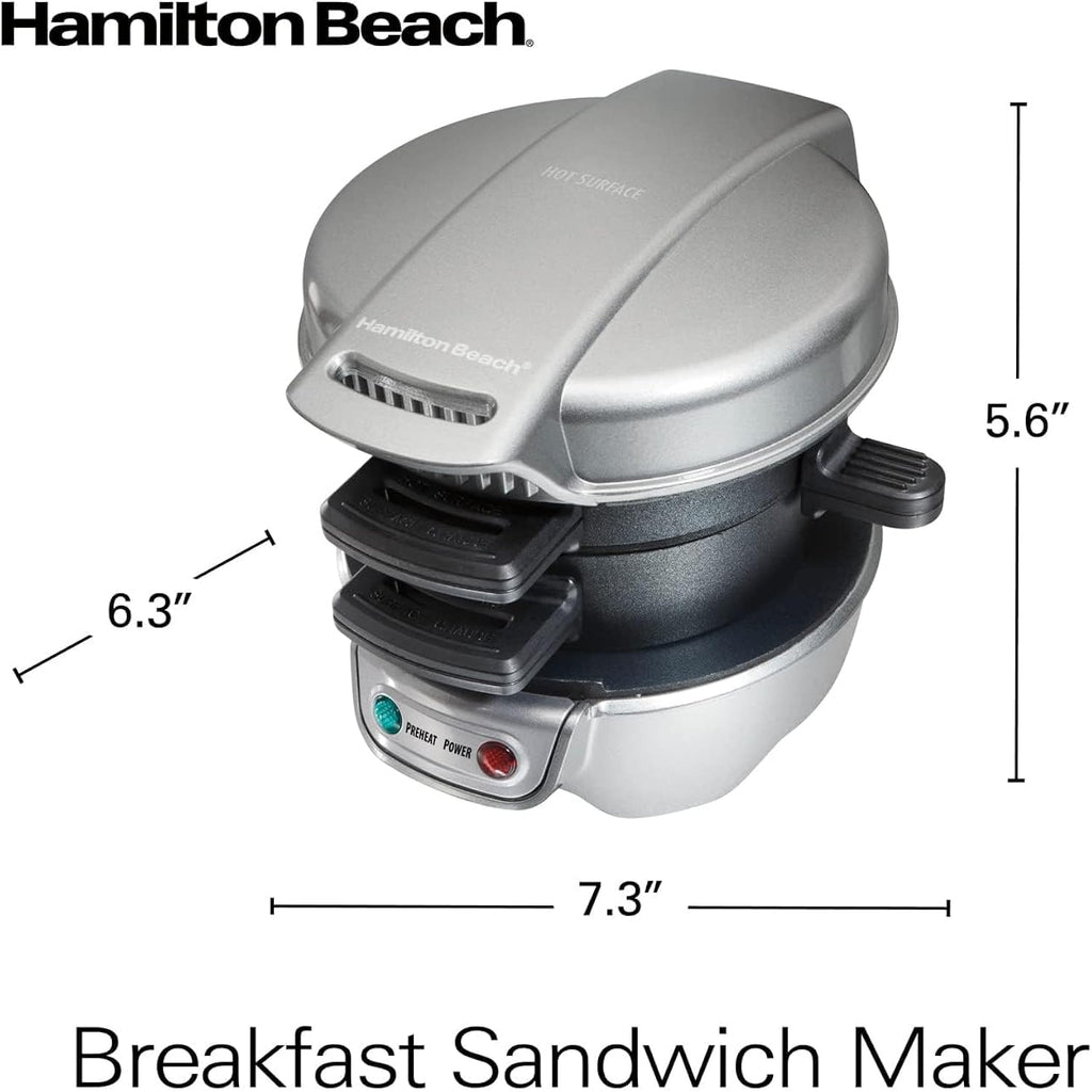 Hamilton Beach Breakfast Sandwich Maker with Egg Cooker Ring, Customize Ingredients, Perfect for English Muffins, Croissants, Mini Waffles, Perfect White Elephant Gifts, Silver (25475)
