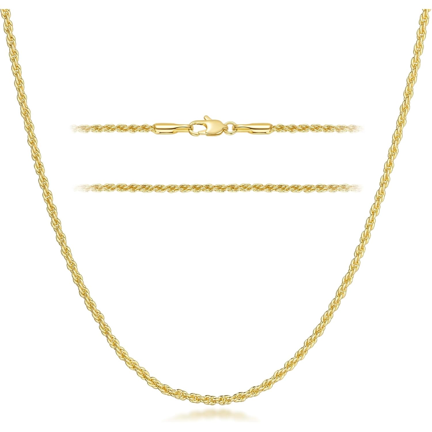 KROMPG Necklace 14k Gold Chain for Women 2mm Rope Gold Chain Necklace Womens Men Non-Tarnish & Dainty Necklaces for Women Men All Lengths 16-26 Inches