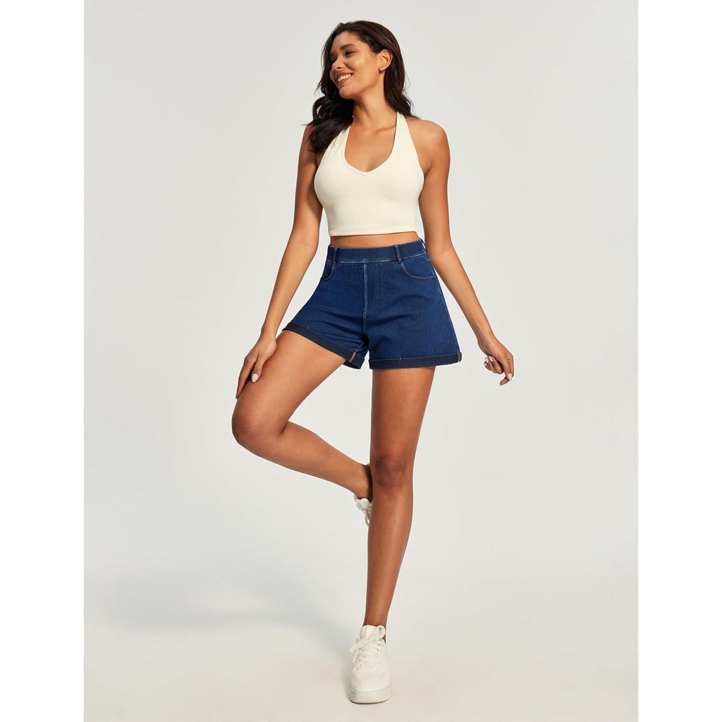 Stretchy Baggy Jean Shorts Womens Pull On Denim Shorts Women High Waisted Tummy Control Jorts Summer Casual with Pockets