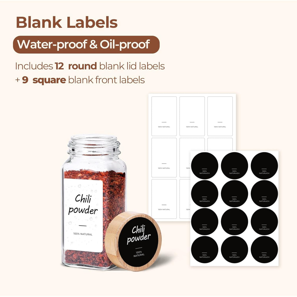 Comsaf Glass Spice Jars With With Labels 4 Oz 6 Pack Small Bamboo Lids | Empty Containers, Seasoning Herb Powder, Salt Pepper Chili, Spice Rack Organization, Kitchen Cabinet Storage, Funnel Included