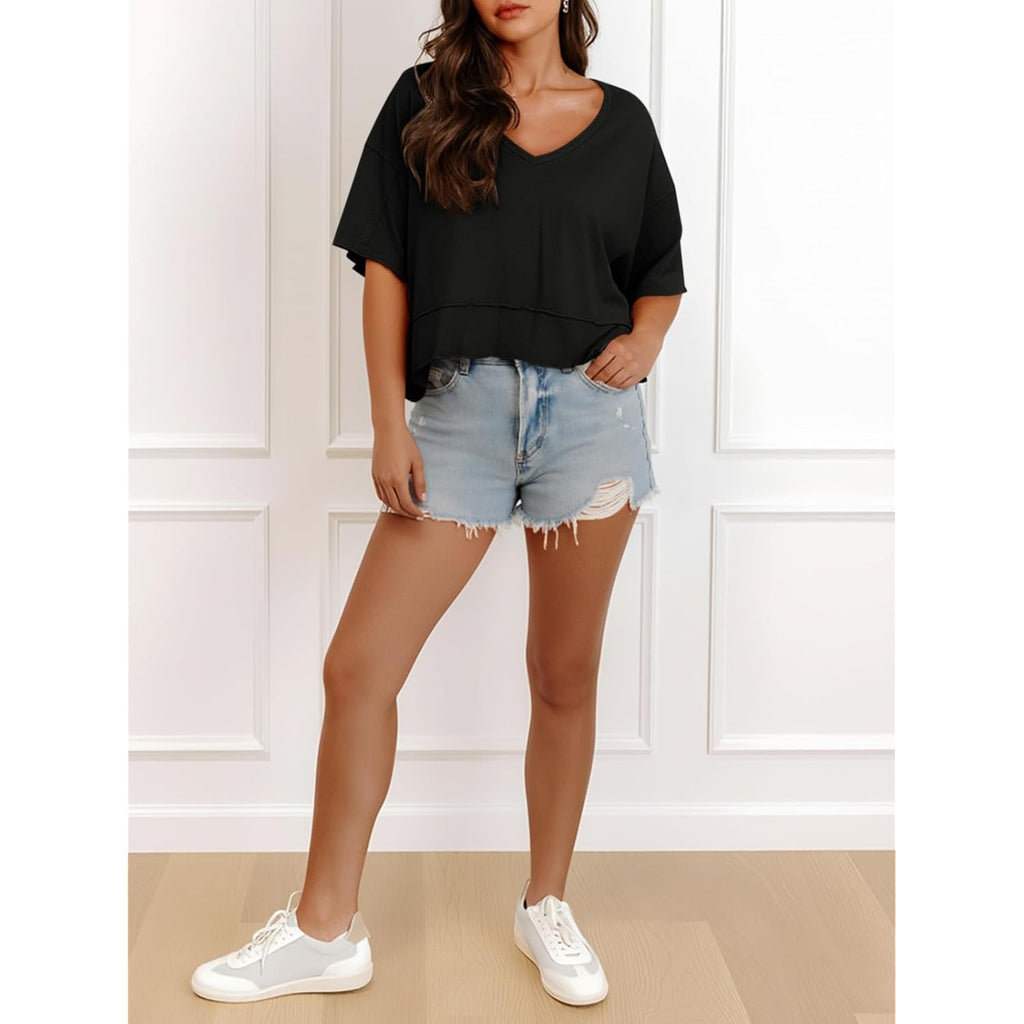 Cicy Bell Womens Oversized Crop T-Shirts Summer V Neck Short Sleeve Tops Casual Loose Fit Curved Hem Boxy Tee Shirt
