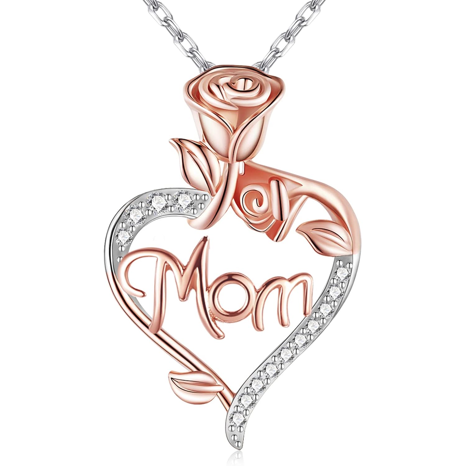 Desimtion Gifts for Mom, Sterling Silver Heart Rose Necklaces for Mom, Valentine's Day Birthday Jewelry Gifts for Women Her Girlfriend Wife
