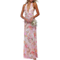 Women Halter Backless Dress Deep V Neck Open Back Mesh Maxi Dress Beach Vacation Wedding Guest