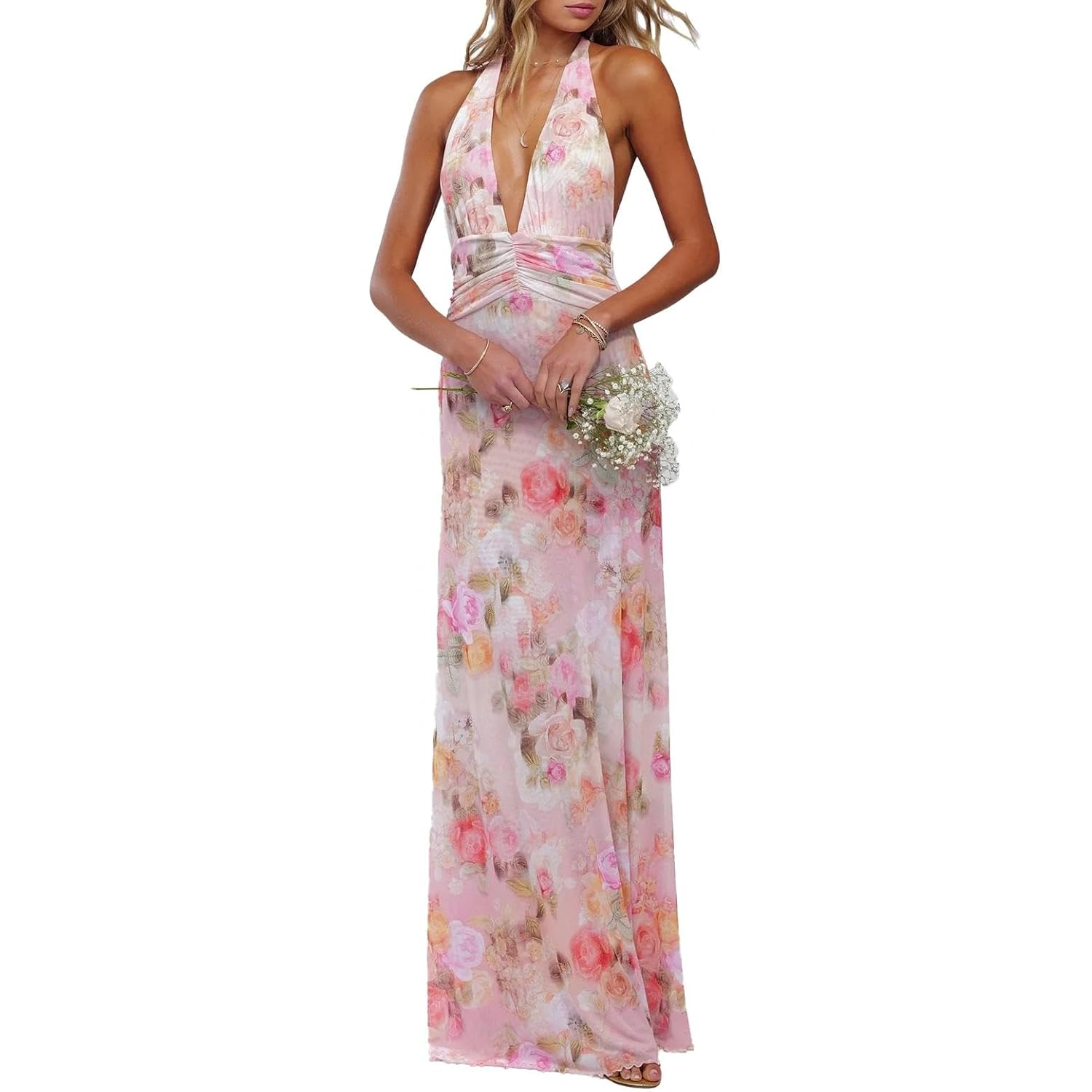 Women Halter Backless Dress Deep V Neck Open Back Mesh Maxi Dress Beach Vacation Wedding Guest