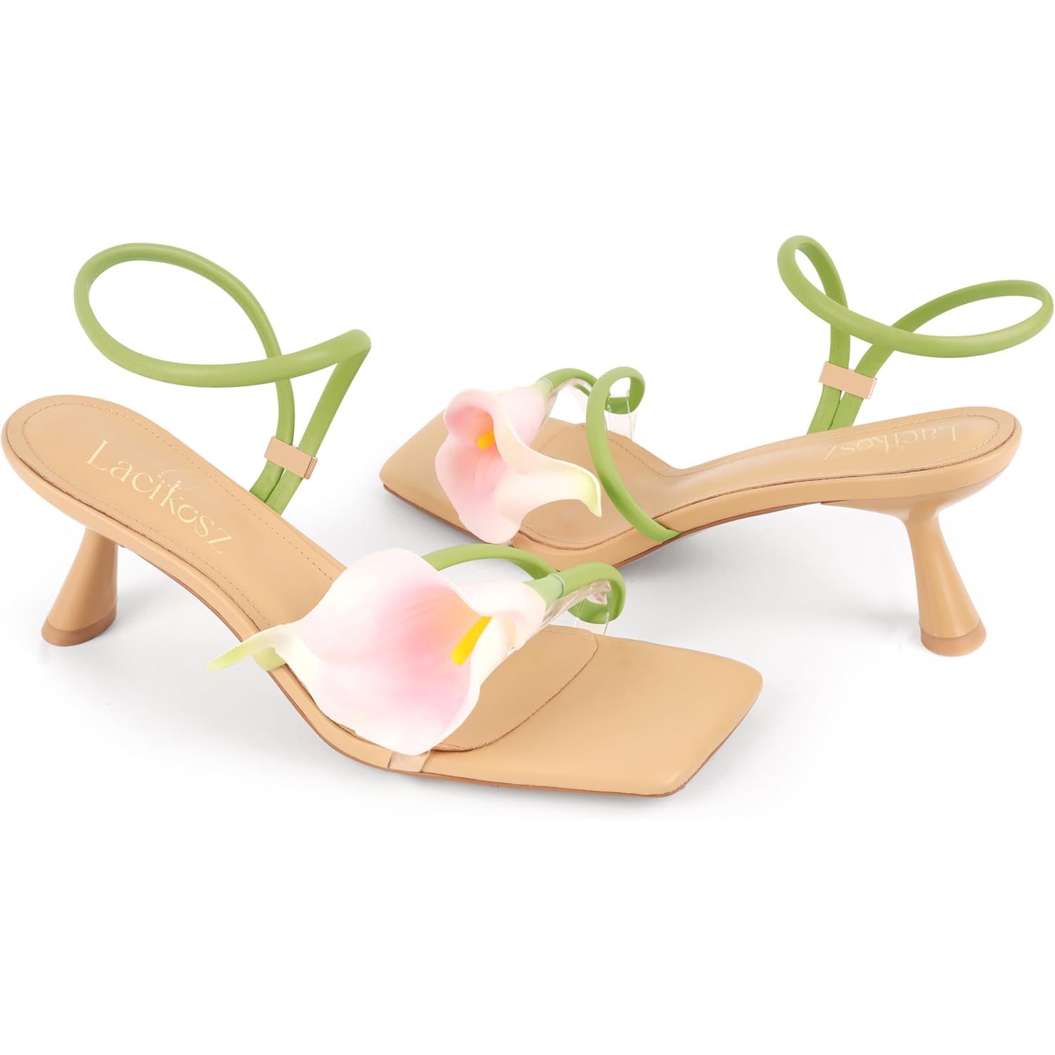 Flower Kitten Heel Sandals For Women Calla Lily Green Heels Square Open Toe Floral Strappy Low Heel Sandals Summer Dressy Wedding Shoes