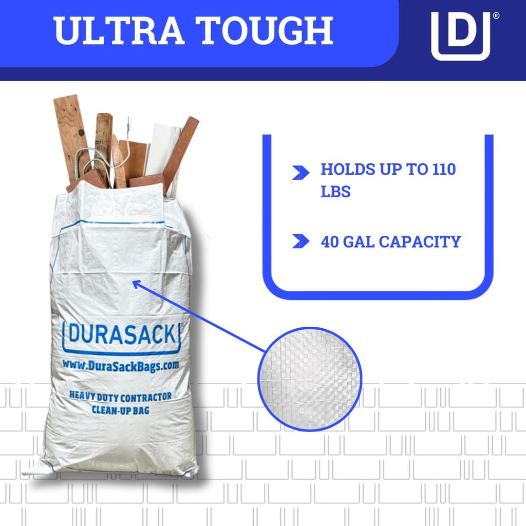 Durasack Contractor Bags Heavy Duty 40-Gallon, Pack Of 16 | Reusable White Woven Polypropylene Contractor Garbage Bags
