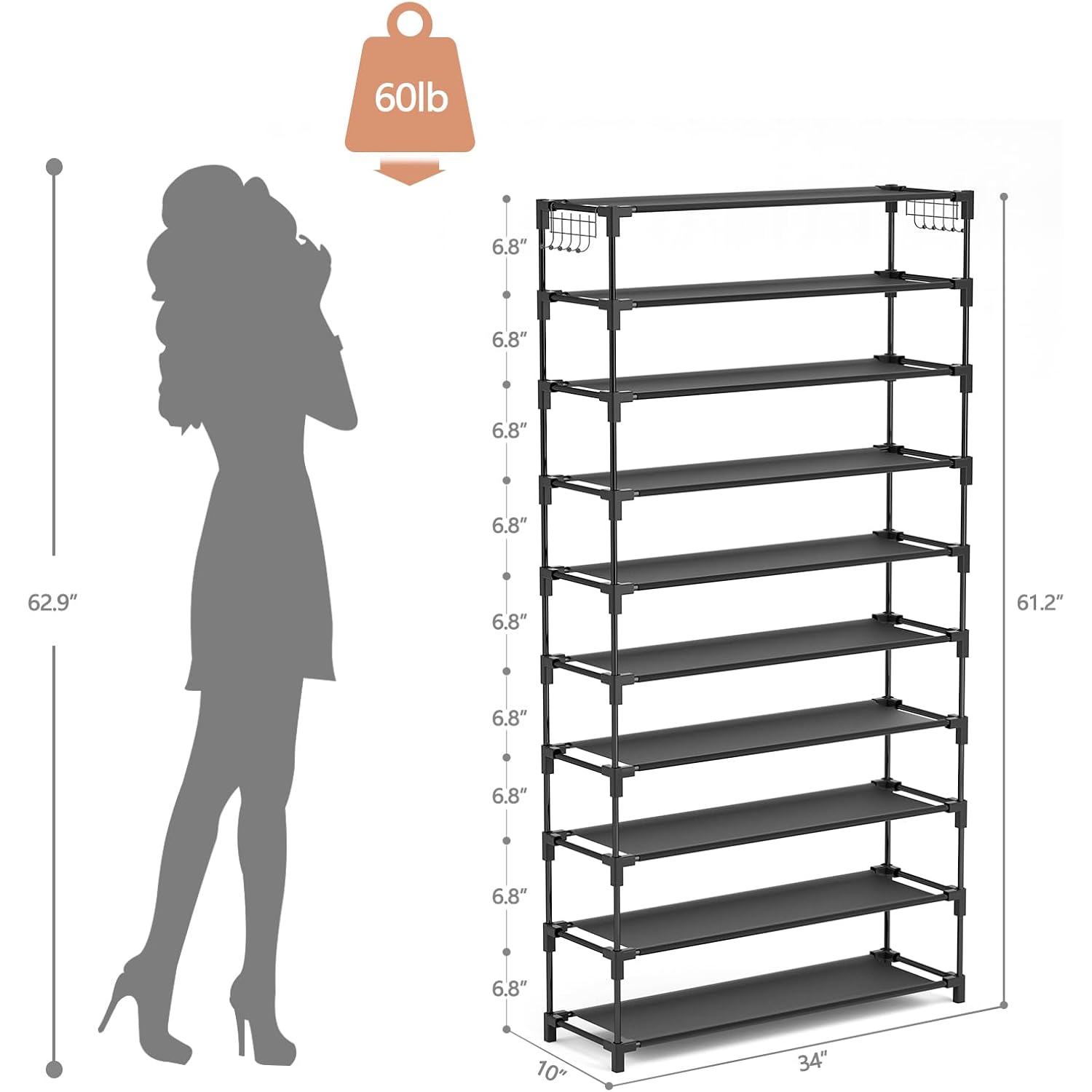 10 Tiers Shoe Rack 50 Pairs Large Capacity Tall Shoe Organizer Sturdy Shoe Storage With Two Hooks Space Saving Metal Wide Shoe Rack For Closet, Entryway, Bedroom, Black