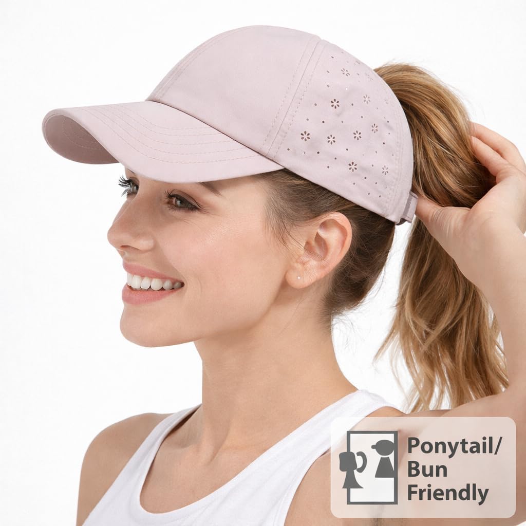 Women Backless Ponytail Baseball Cap for Curly Hair, Afro Puff, High Messy Bun, Adjustable Perforated Ponycap Breathable Flower Cutouts - Wonder Taupe