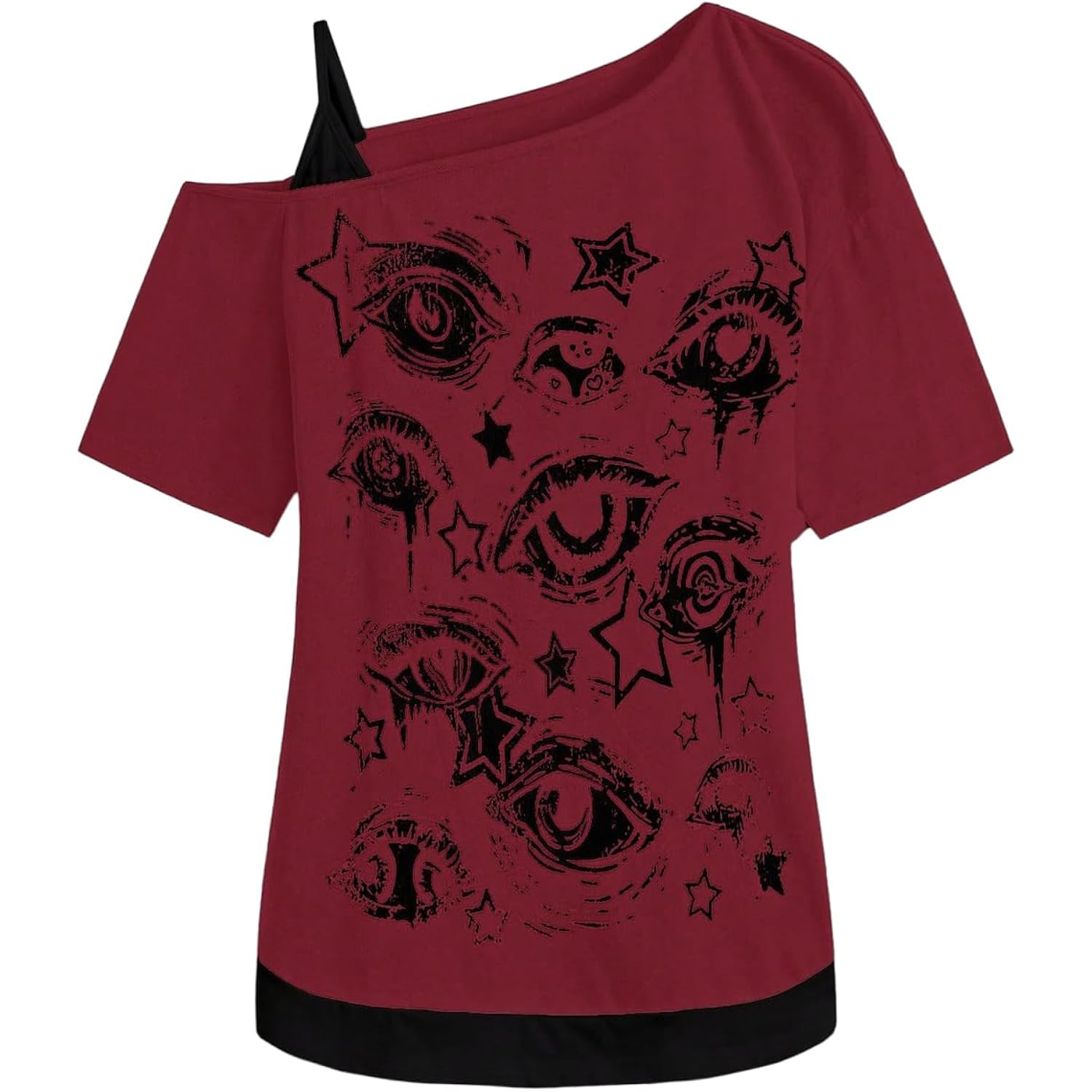 Soly Hux Women'S Gothic Grunge Cold Shoulder Short Sleeve T Shirts 2 In 1 Asymmetrical Tee Tops