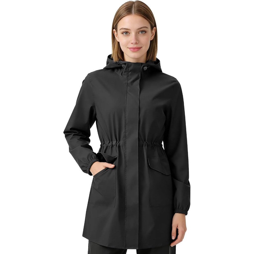 Women'S Long Rain Jacket Waterproof Lightweight Packable Raincoat Hood Windbreaker For Outdoor Hiking, Cycling, Travel