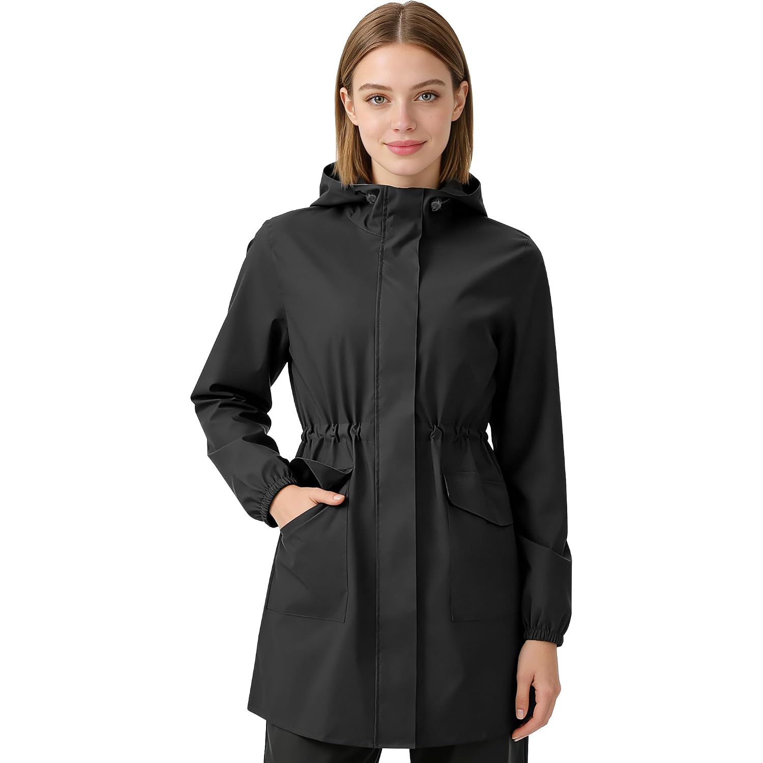 Women'S Long Rain Jacket Waterproof Lightweight Packable Raincoat Hood Windbreaker For Outdoor Hiking, Cycling, Travel