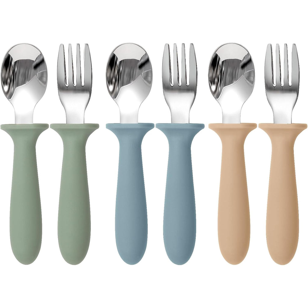 Eascrozn Toddler Utensils, 6 Pack kids Silverware Set with Silicone Handle, 18/8 Stainless Steel Children Safe Forks and Spoons, Dishwasher Safe