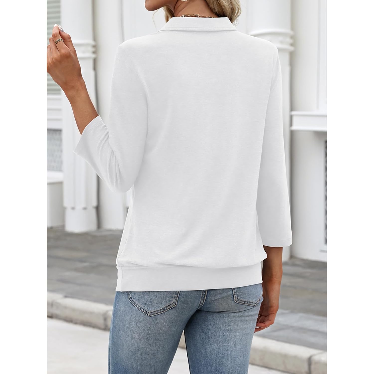 Ticticmiss Womens Polo Shirts 3/4 Sleeve Banded Bottom Tops Business Casual Tops Collared V Neck Blouses