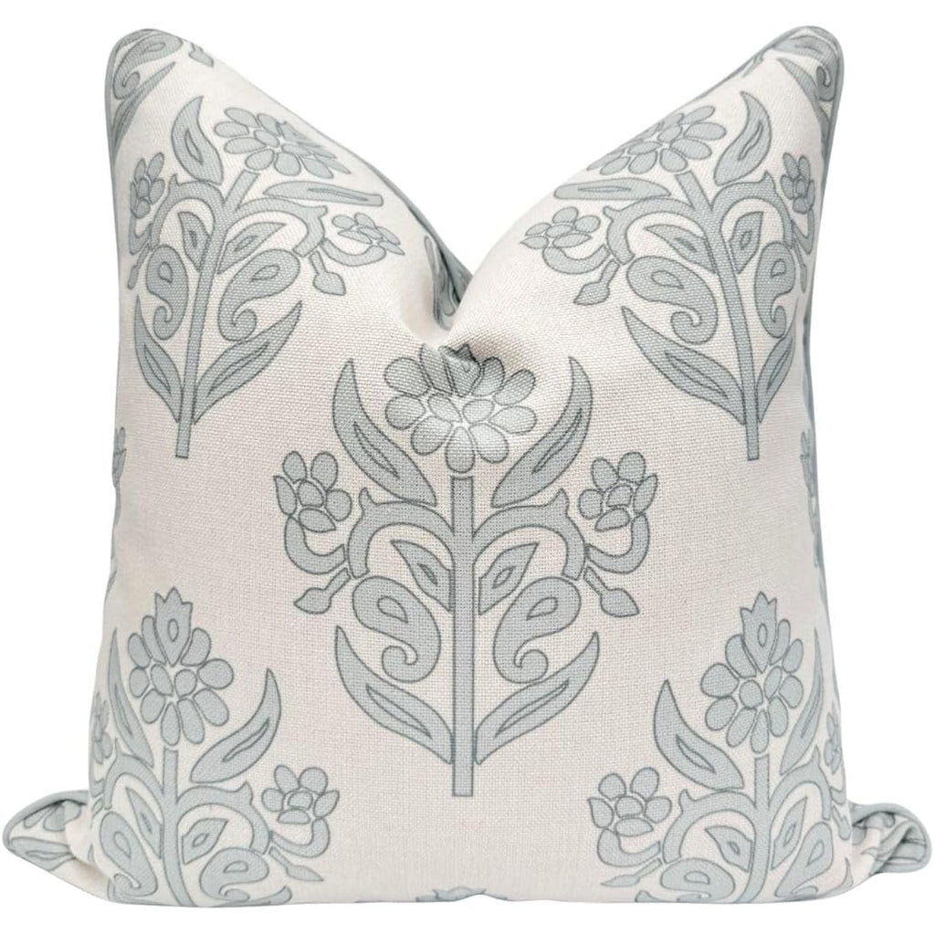 “The Naples” Floral Block Print Pillow Cover – Grey And White Blue Decorative Throw Pillow Cover – Grandmillennial Home Decor, 20" X 20"