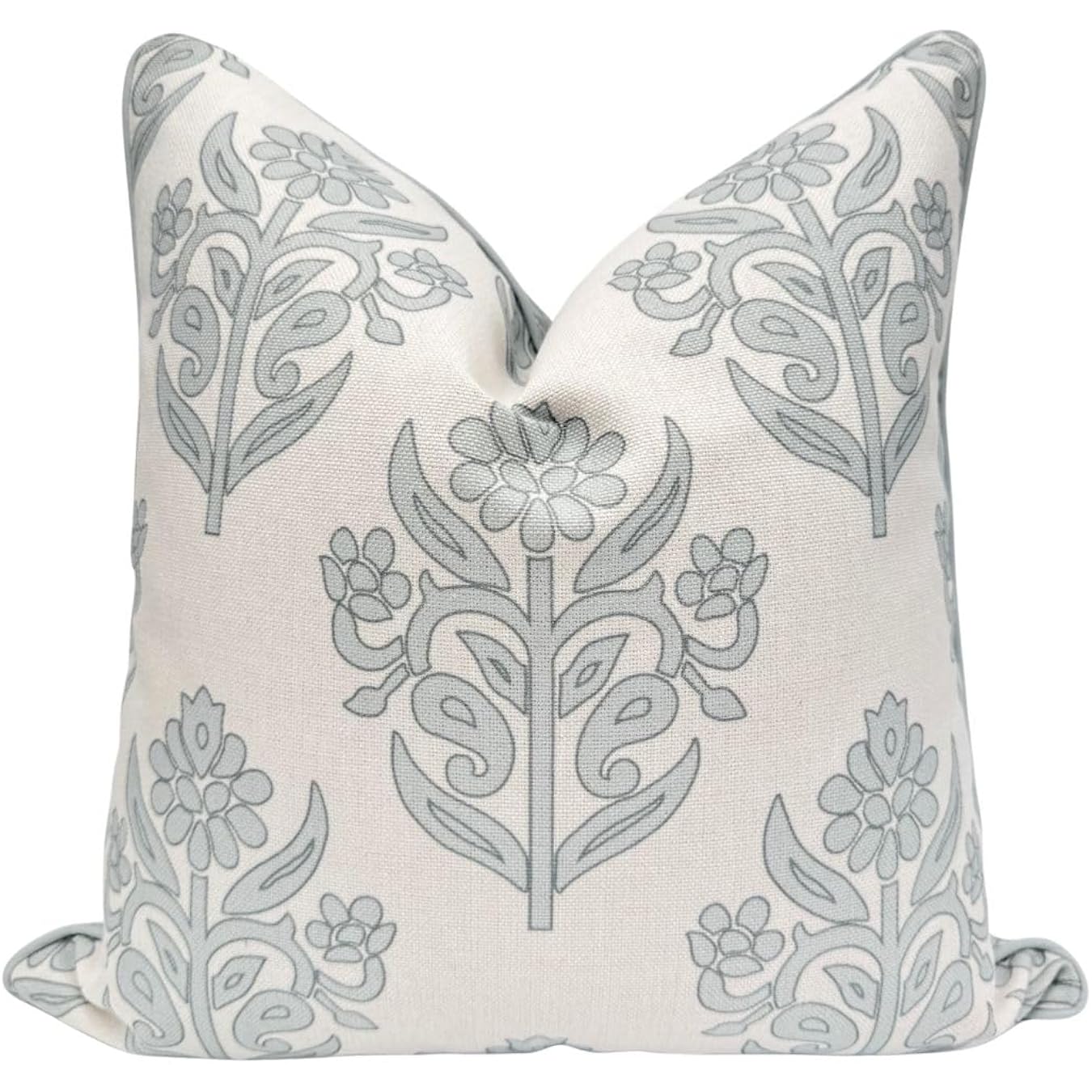 “The Naples” Floral Block Print Pillow Cover – Grey And White Blue Decorative Throw Pillow Cover – Grandmillennial Home Decor, 20" X 20"