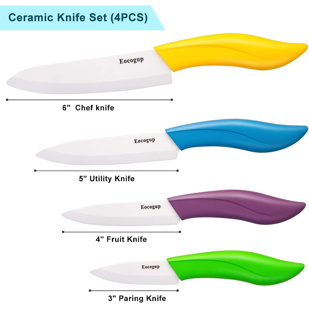 Updated Version Ceramic Knife Set 4-Piece Color With Sheaths (Includes 3" Paring Knife, 4" Fruit Knife, 5" Utility Knife, 6" Chef Knife) For Home Kitchen(Multicolour)