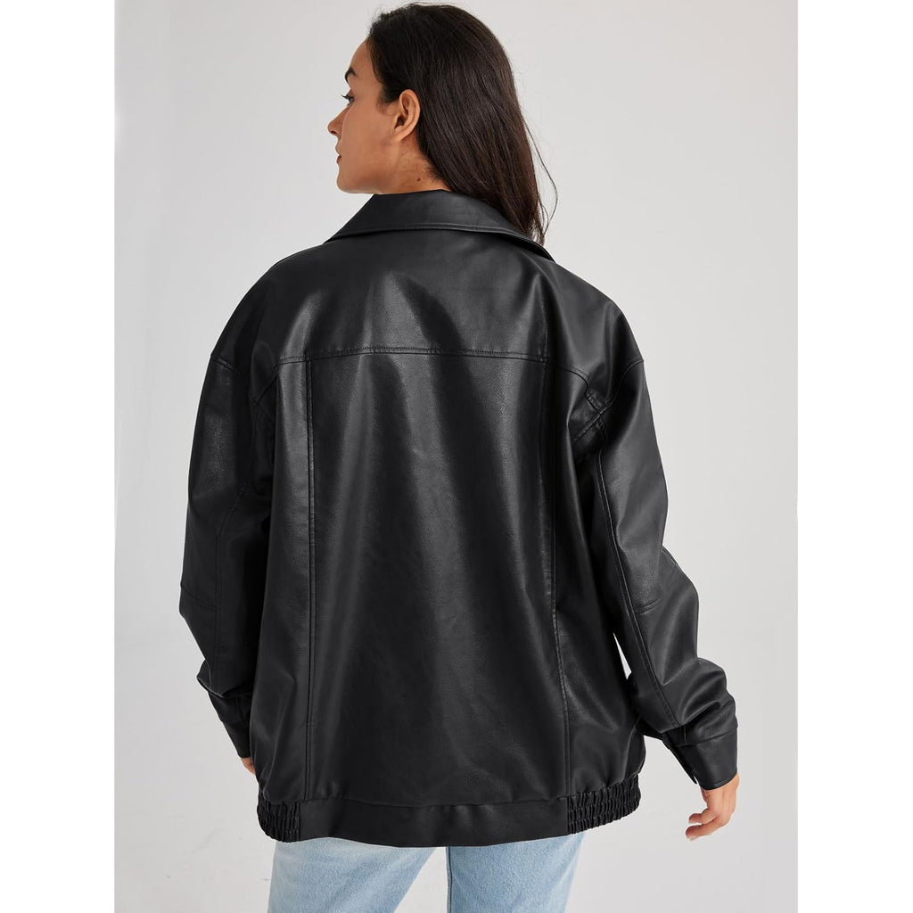 Hathne Women'S Oversized Leather Jackets Faux Zip Up Fall Fashion Motorcycle Jackets Coats Winter Clothes