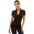 Women Collared V Neck Short Sleeve Polo Shirt
