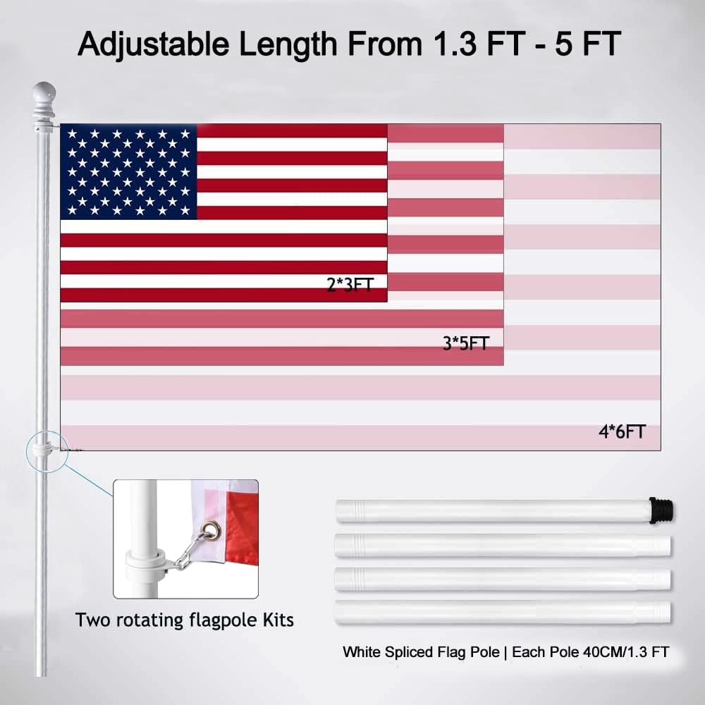 White Flag Pole Kit For House, 5 Ft Thickened Stainless Steel Outside Wall Mount Flagpole For 3X5' American Flag With 1" Tangle Free 360° Rotating Flag Pole Rings Hardware For Porch Residential