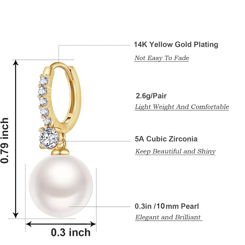 Pearl Earrings for Women 14K Gold Plated Hypoallergenic Pearl Earrings 5A Cubic Zirconia Dangle Earrings Elegant Jewelry