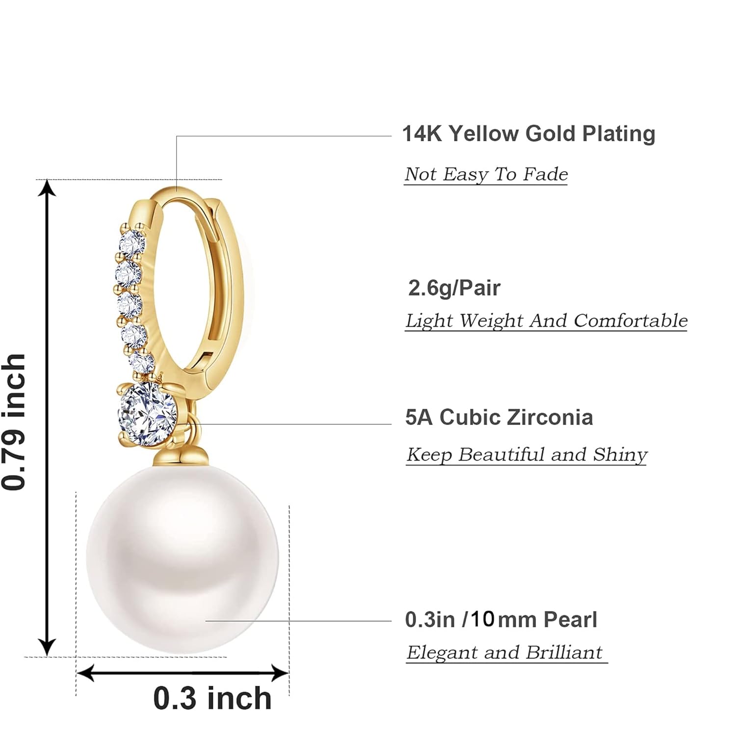 Pearl Earrings for Women 14K Gold Plated Hypoallergenic Pearl Earrings 5A Cubic Zirconia Dangle Earrings Elegant Jewelry