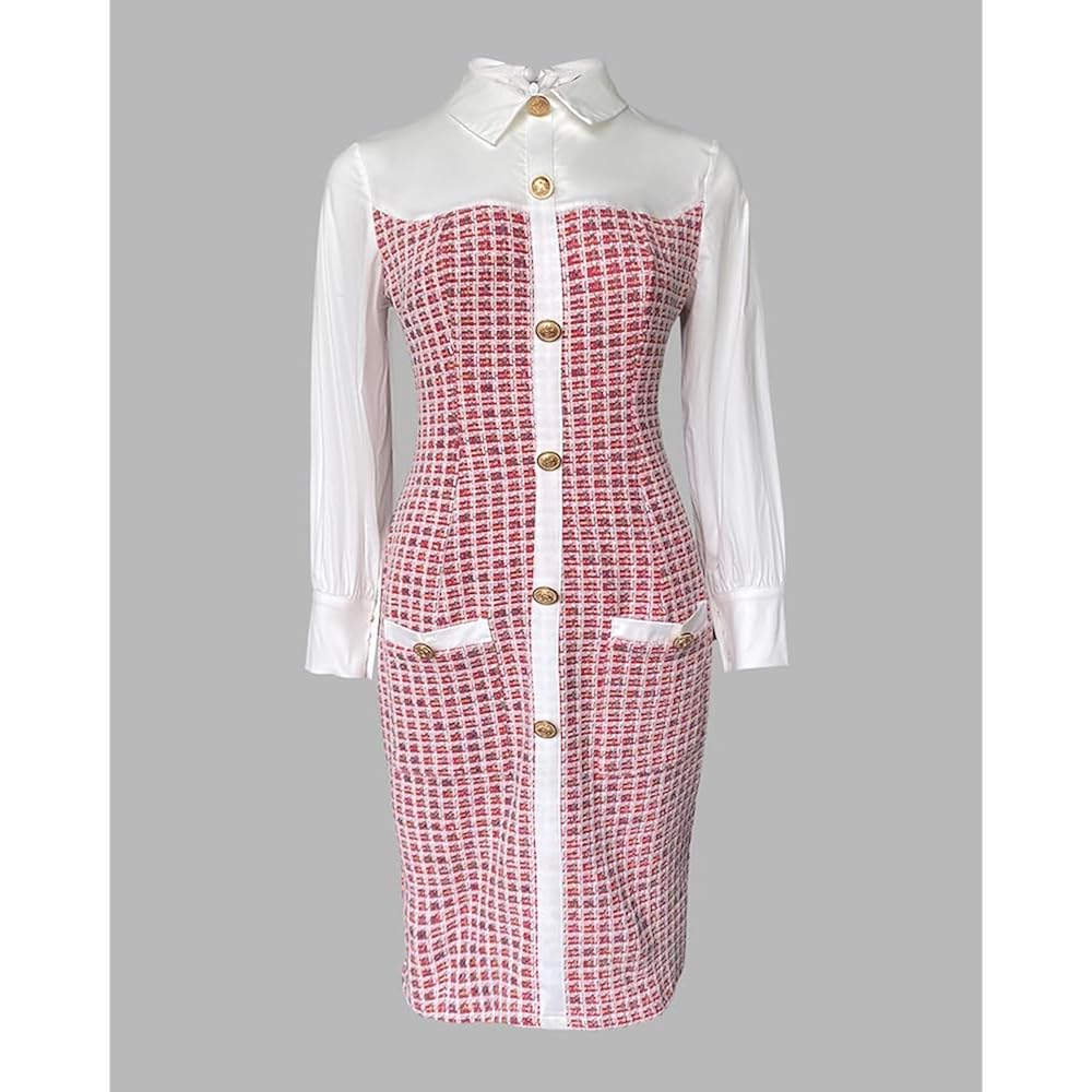 Women's Work Bodycon Dresses Button Decor Tweed Patch Pencil Midi Dress Elegant Office Outfits with Pockets