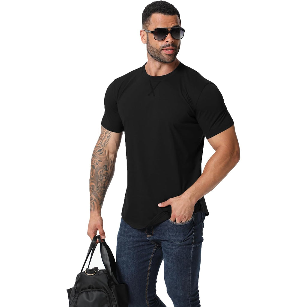 Mens 3 Pack Plain Cotton Shirts Short Sleeve Casual Crew Neck T-Shirts Hipster Hip Hop Longline Tees Drop Cut Curved Hem