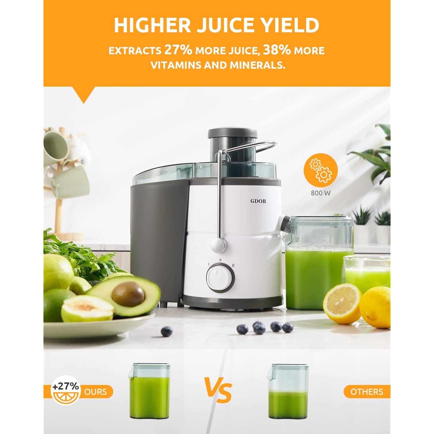 GDOR 800W Juicer Machine, 3” Wide Feed Chute, Dual-Speed Centrifugal Juicer for Fruits & Vegetables, Anti-Drip Function, BPA-Free, Easy to Clean with Brush, White