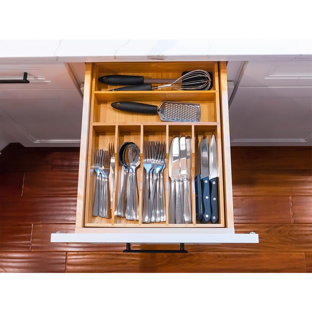 Bamboo Kitchen Drawer Organizer, 13 Inch Silverware Utensil Tray Holder, Extra Deep Grooved Drawer Divider, 7 Slots Total Bamboo Wood Caddy For Flatware Cutlery Knives, Forks, Spoons