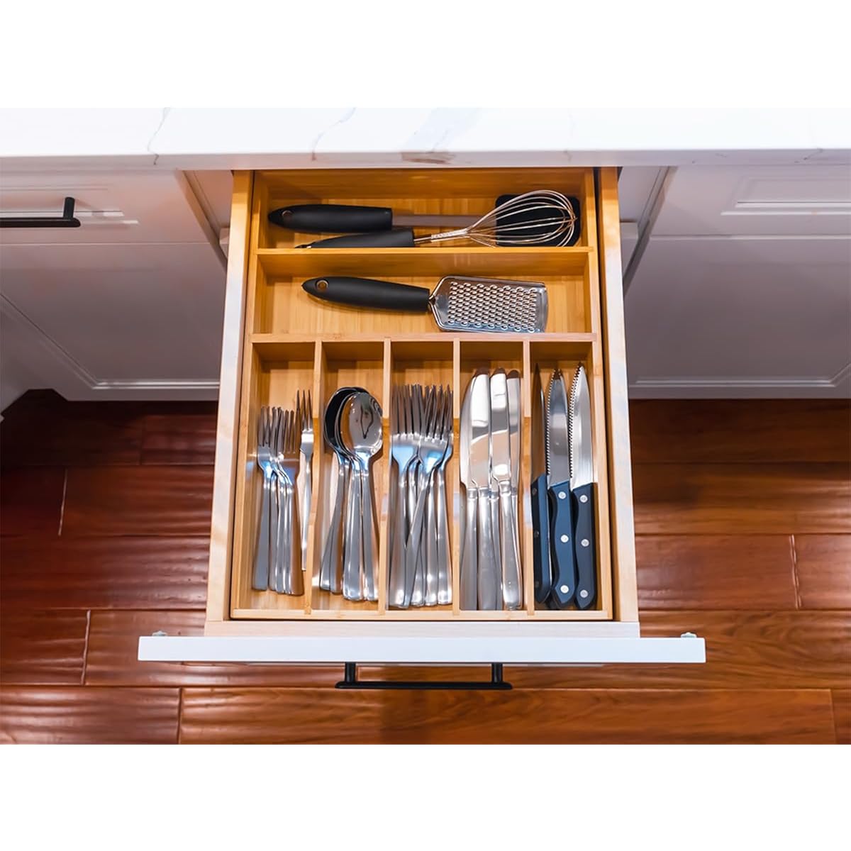 Bamboo Kitchen Drawer Organizer, 13 Inch Silverware Utensil Tray Holder, Extra Deep Grooved Drawer Divider, 7 Slots Total Bamboo Wood Caddy For Flatware Cutlery Knives, Forks, Spoons