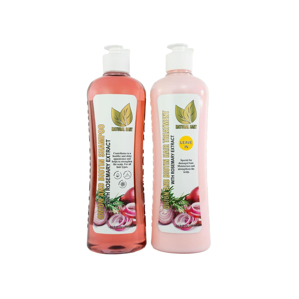 Natural Sant Onion & Rosemary Shampoo & Leave-In Treatment Set With Biotin | Sulfate, Paraben & Silicone Free, Supports Thicker & Fuller Hair, Women & Men, No Onion Smell, Two 16.9 Fl Oz Bottles