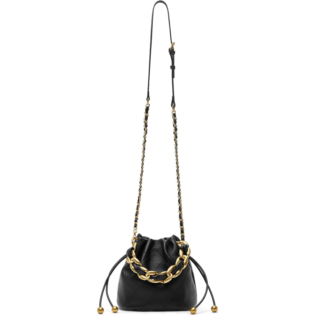 DORIS&JACKY Small Top Handle Bucket Bag, Designer Lambskin Drawstring Crossbody Purse with Chunky Chain Tote Strap
